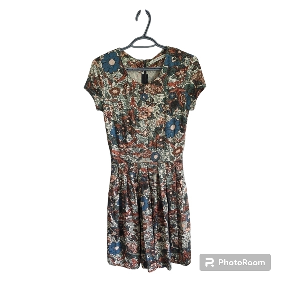Peruvian Connection Wanderlust Dress XS Short Sleeve Knit Floral Pockets Boho